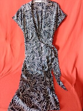Mango Black Wrap Midi Dress with White Leaf Print